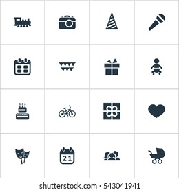 Set Of 16 Simple Holiday Icons. Can Be Found Such Elements As Soul, Special Day, Mask And Other.