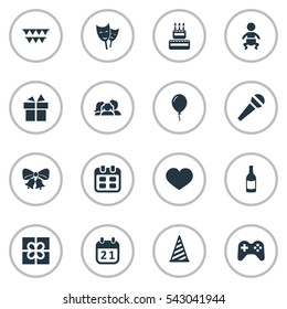 Set Of 16 Simple Holiday Icons. Can Be Found Such Elements As Decorations;, Domestic, Cap And Other.
