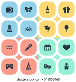Set Of 16 Simple Holiday Icons. Can Be Found Such Elements As Aerostat, Decorations;, Soul And Other.