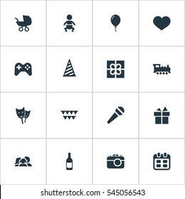 Set Of 16 Simple Holiday Icons. Can Be Found Such Elements As Cap, Soul, Box And Other.