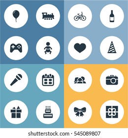 Set Of 16 Simple Holiday Icons. Can Be Found Such Elements As Ribbon, Train, Game And Other.