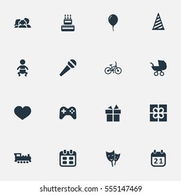 Set Of 16 Simple Holiday Icons. Can Be Found Such Elements As Mask, Days, Train And Other.