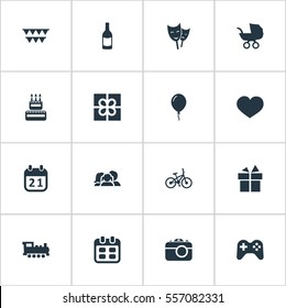 Set Of 16 Simple Holiday Icons. Can Be Found Such Elements As Domestic, Beverage, Camera And Other.