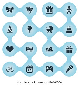 Set Of 16 Simple Holiday Icons. Can Be Found Such Elements As Baby Carriage, Resonate, Infant And Other.