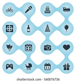 Set Of 16 Simple Holiday Icons. Can Be Found Such Elements As Beverage, Confectionery, Train And Other.