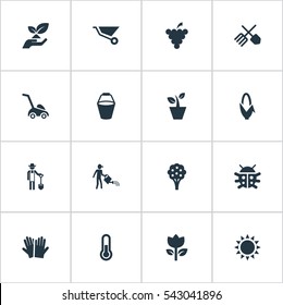 Set Of 16 Simple Horticulture Icons. Can Be Found Such Elements As Farmer, Fruit, Plougher And Other.