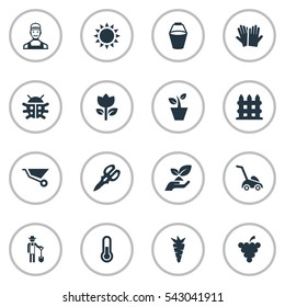 Set Of 16 Simple Horticulture Icons. Can Be Found Such Elements As Temperature, Wheelbarrow, Plougher And Other.