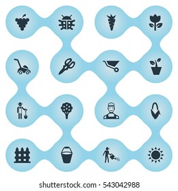 Set Of 16 Simple Horticulture Icons. Can Be Found Such Elements As Parapet, Sunshine, Maize And Other.