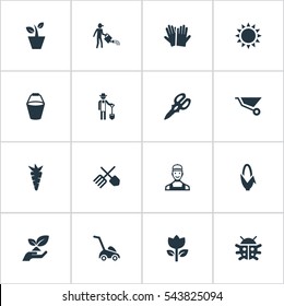Set Of 16 Simple Horticulture Icons. Can Be Found Such Elements As Sunshine, Worker, Grass Cutting Machine And Other.