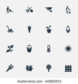 Set Of 16 Simple Horticulture Icons. Can Be Found Such Elements As Temperature, Shear, Apple Timber And Other.