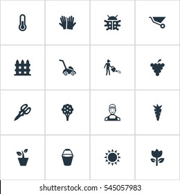 Set Of 16 Simple Horticulture Icons. Can Be Found Such Elements As Fruit, Flowerpot, Grass Cutting Machine And Other.