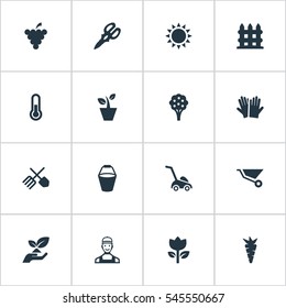 Set Of 16 Simple Horticulture Icons. Can Be Found Such Elements As Apple Timber, Shear, Rescue Nature And Other.