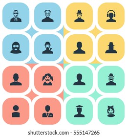 Set Of 16 Simple Human Icons. Can Be Found Such Elements As Little Girl, Workman, Male With Headphone And Other.