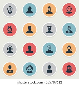Set Of 16 Simple Human Icons. Can Be Found Such Elements As Workman, Portrait, Postgraduate And Other.