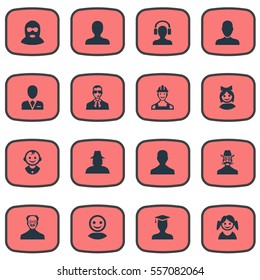 Set Of 16 Simple Human Icons. Can Be Found Such Elements As Bodyguard, Agent, Moustache Man And Other.