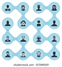 Set Of 16 Simple Human Icons. Can Be Found Such Elements As Portrait, Girl Face, Whiskers Man And Other.