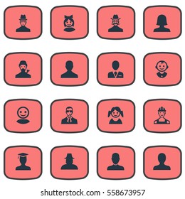 Set Of 16 Simple Human Icons. Can Be Found Such Elements As Postgraduate, Little Girl, Internet Profile And Other.