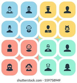 Set Of 16 Simple Human Icons. Can Be Found Such Elements As Spy, Bodyguard, Moustache Man And Other.