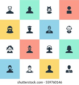 Set Of 16 Simple Human Icons. Can Be Found Such Elements As Workman, Girl Face, Male With Headphone And Other.