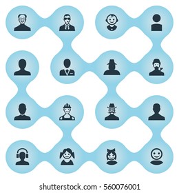 Set Of 16 Simple Human Icons. Can Be Found Such Elements As Internet Profile, Bodyguard, Young Shaver And Other.