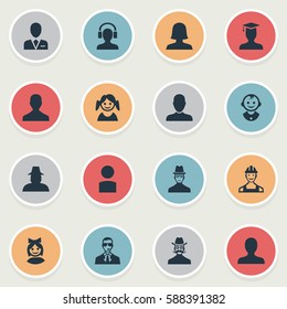 Set Of 16 Simple Human Icons. Can Be Found Such Elements As Girl Face, Male With Headphone, Workman And Other.