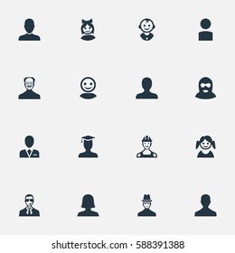 Set Of 16 Simple Human Icons. Can Be Found Such Elements As Little Girl, Woman User, Proletarian And Other.