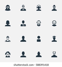 Set Of 16 Simple Human Icons. Can Be Found Such Elements As Proletarian, Felon, Male With Headphone And Other.