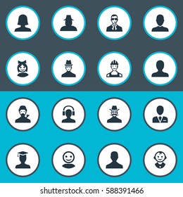 Set Of 16 Simple Human Icons. Can Be Found Such Elements As Moustache Man, Spy, Portrait And Other.