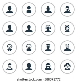 Set Of 16 Simple Human Icons. Can Be Found Such Elements As Internet Profile, Male User, Felon And Other.