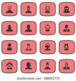 Set Of 16 Simple Human Icons. Can Be Found Such Elements As Male User, Proletarian, Male With Headphone And Other.