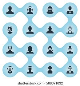 Set Of 16 Simple Human Icons. Can Be Found Such Elements As Whiskers Man, Proletarian, Spy And Other.