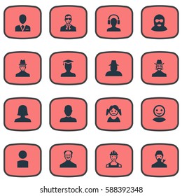 Set Of 16 Simple Human Icons. Can Be Found Such Elements As Moustache Man, Little Girl, Whiskers Man And Other.