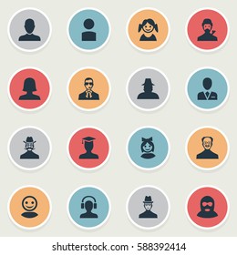 Set Of 16 Simple Human Icons. Can Be Found Such Elements As Workman, Little Girl, Whiskers Man And Other.