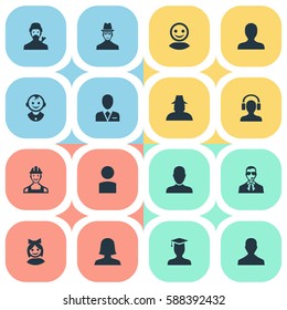 Set Of 16 Simple Human Icons. Can Be Found Such Elements As Mysterious Man, Internet Profile, Male User And Other.