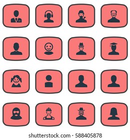 Set Of 16 Simple Human Icons. Can Be Found Such Elements As Woman User, Portrait, Job Man And Other.