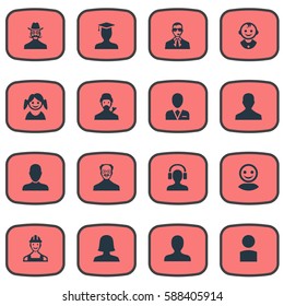 Set Of 16 Simple Human Icons. Can Be Found Such Elements As Internet Profile, Whiskers Man, Mysterious Man And Other.