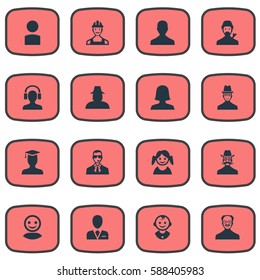 Set Of 16 Simple Human Icons. Can Be Found Such Elements As Insider, Little Girl, Postgraduate And Other.