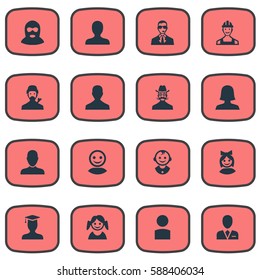 Set Of 16 Simple Human Icons. Can Be Found Such Elements As Girl Face, Little Girl, Male User And Other.