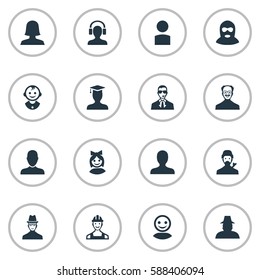 Set Of 16 Simple Human Icons. Can Be Found Such Elements As Felon, Mysterious Man, Young Shaver And Other.