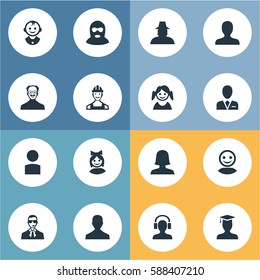 Set Of 16 Simple Human Icons. Can Be Found Such Elements As Felon, Portrait, Male With Headphone And Other.