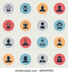 Set Of 16 Simple Human Icons. Can Be Found Such Elements As Male With Headphone, Insider, Spy And Other.