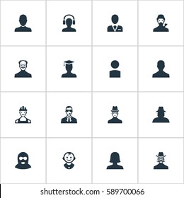 Set Of 16 Simple Human Icons. Can Be Found Such Elements As Bodyguard, Postgraduate, Male With Headphone And Other.