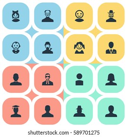 Set Of 16 Simple Human Icons. Can Be Found Such Elements As Internet Profile, Mysterious Man, Bodyguard And Other.
