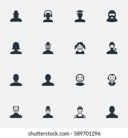 Set Of 16 Simple Human Icons. Can Be Found Such Elements As Little Girl, Agent, Felon And Other.