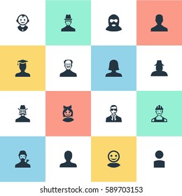 Set Of 16 Simple Human Icons. Can Be Found Such Elements As Moustache Man, Young Shaver, Insider And Other.