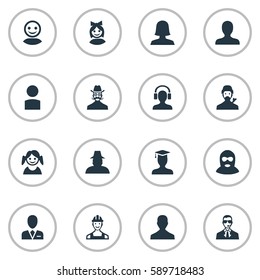 Set Of 16 Simple Human Icons. Can Be Found Such Elements As Male User, Postgraduate, Felon And Other.