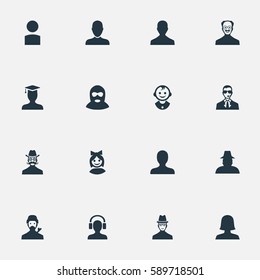 Set Of 16 Simple Human Icons. Can Be Found Such Elements As Agent, Spy, Male With Headphone And Other.