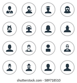 Set Of 16 Simple Human Icons. Can Be Found Such Elements As Portrait, Insider, Girl Face And Other.