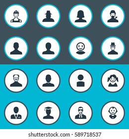 Set Of 16 Simple Human Icons. Can Be Found Such Elements As Postgraduate, Young Shaver, Agent And Other.