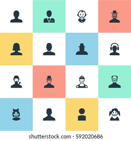 Set Of 16 Simple Human Icons. Can Be Found Such Elements As Portrait, Insider, Whiskers Man And Other.